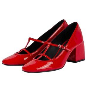 Khaite Fawn Red Patent Leather T-Strap Pumps Heels Size 40 NEW